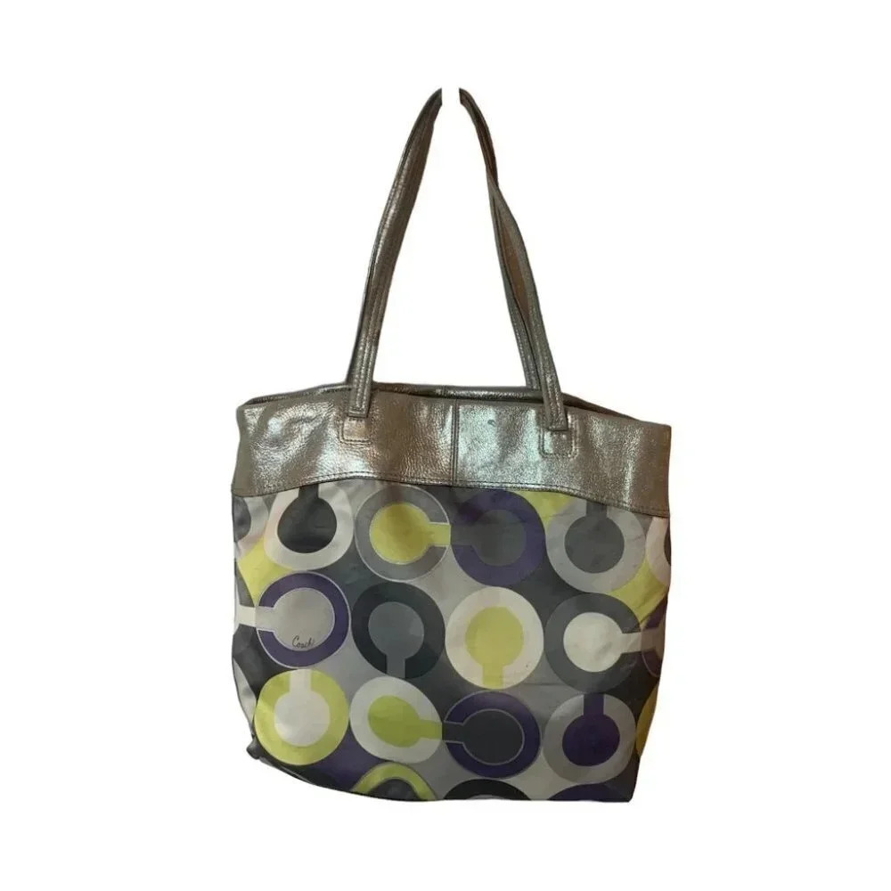 COACH 14970 Julia Op Art Signature Lilac Silver Leather Shoulder Tote Bag